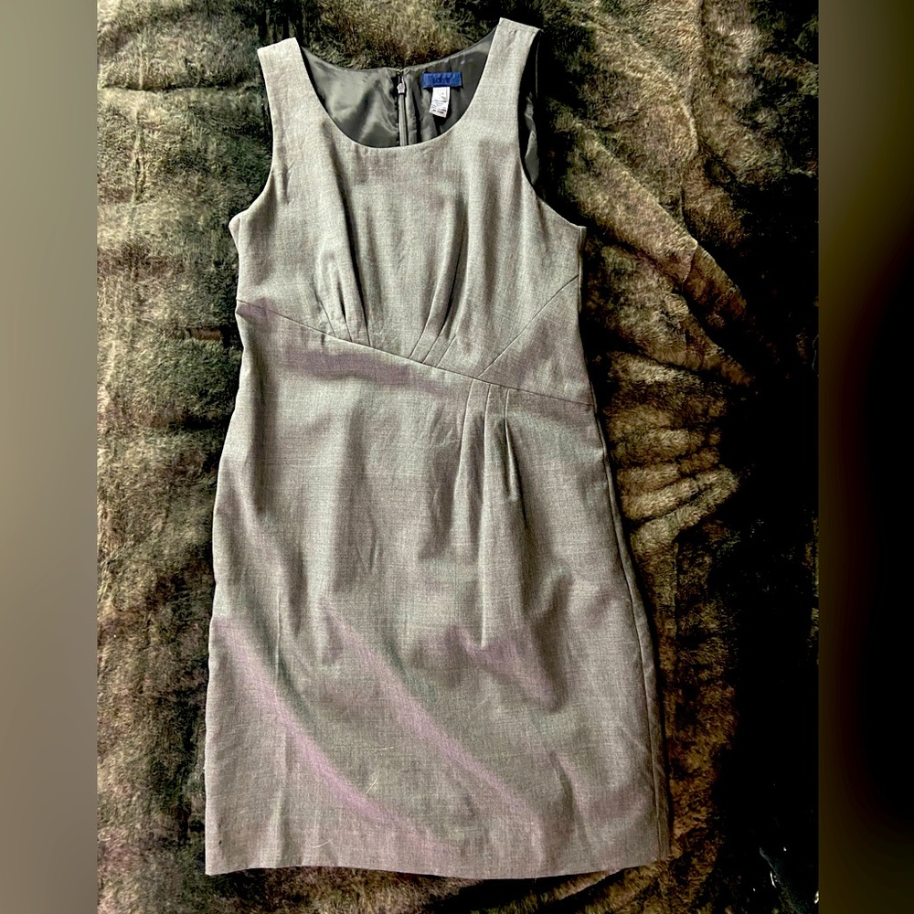 JCrew dress, grey suit fabric, asymmetrical waist seam